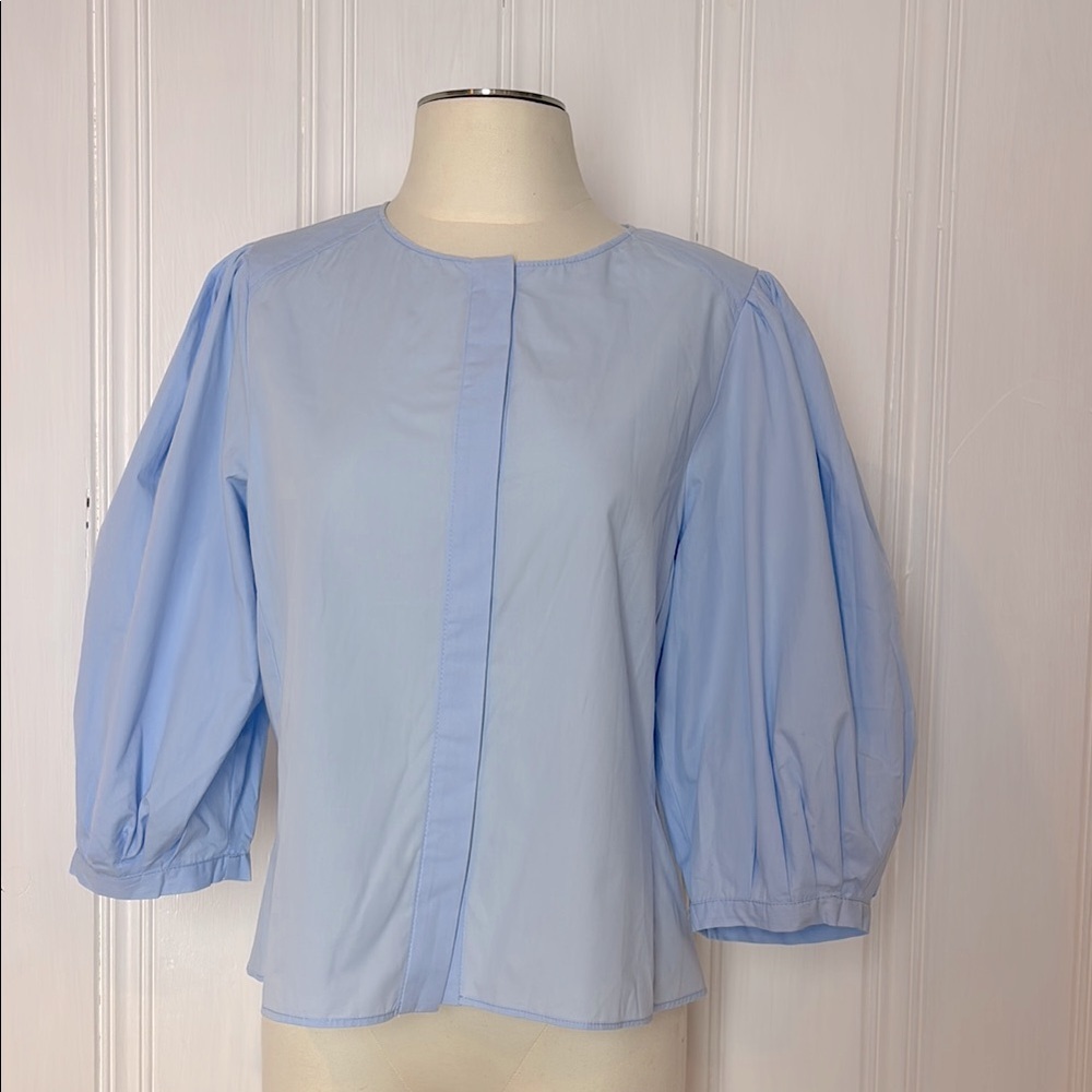 NWT ZARA Baby Blue Cotton Blouse with Dramatic Puff Sleeves